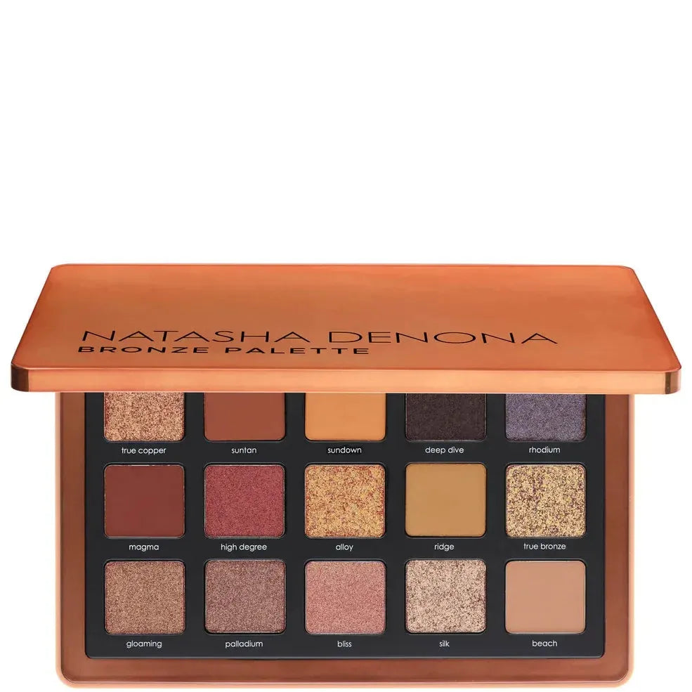 Natasha Denona Bronze Eyeshadow Palette - 15 shades in rows, bronze-themed packaging