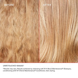 Hair before and after using Olaplex No.5 - shows reduced breakage and increased shine