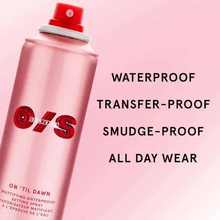 One/Size setting spray bottle angled view showing matte waterproof formula