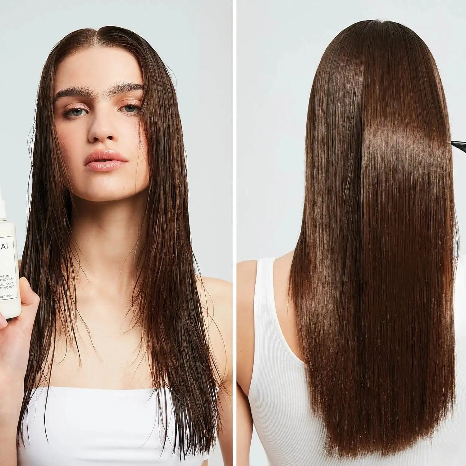 Sleek and smooth hair result after using OUAI Leave In Conditioner, frizz-free and shiny