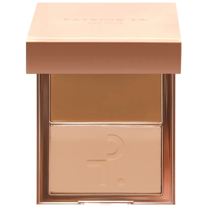 Close-up of Patrick Ta Major Skin foundation cream and powder textures in Medium 1
