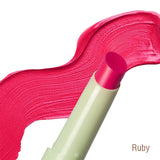 Swatch of Pixi LipGlow Ruby tinted lip balm on lips for color demonstration