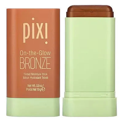 Pixi On-the-Glow Bronze stick applied as cheek bronzer, showing natural radiant sun-kissed glow