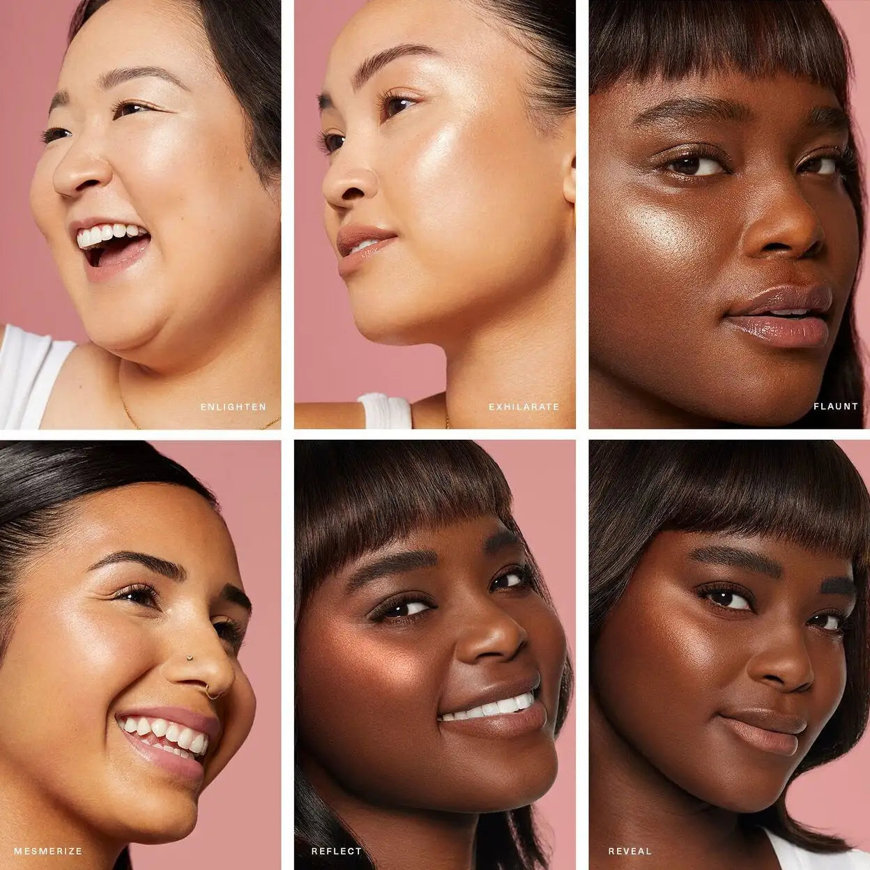Rare Beauty Silky Touch Highlighter Reveal applied on cheekbones for a natural glass-like glow