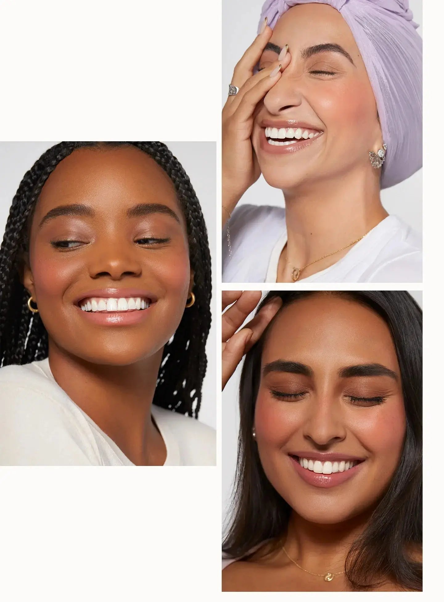 Model wearing Rare Beauty Joy liquid blush on cheeks with radiant dewy look