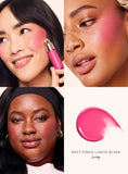 Rare Beauty Soft Pinch Liquid Blush Lucky hot pink swatch on skin showing dewy finish