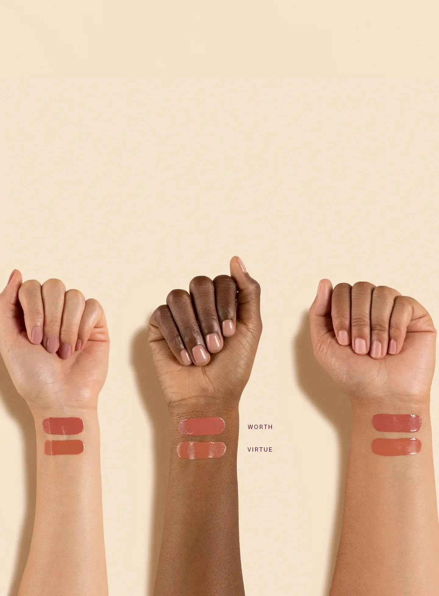 Arm swatches of multiple Rare Beauty Soft Pinch Liquid Blush shades including Virtue dewy finish