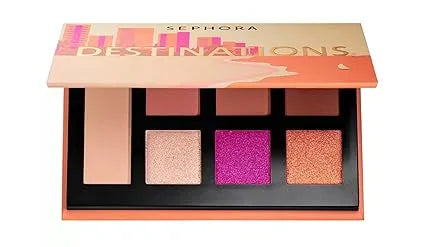 Sephora Destinations Eyeshadow Palette Turn Up The Heat - outer packaging showing palette with seven warm shades and gold accents