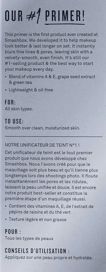 SmashBox Photo Finish Foundation Primer - side view of tube showing volume and key benefits