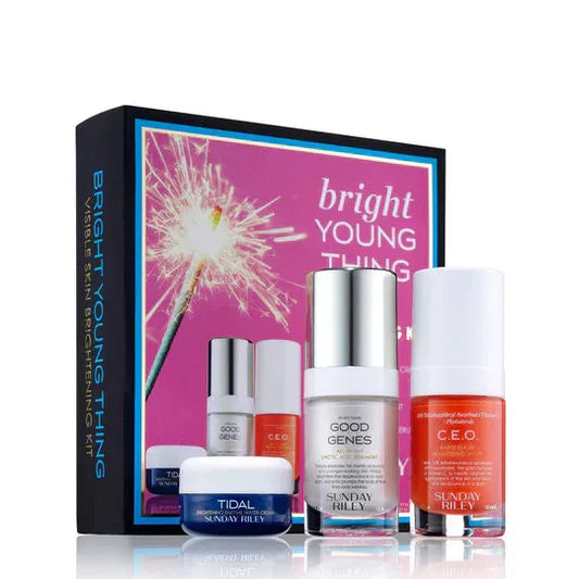 Sunday Riley Bright Young Thing Kit Set - three product bottles on white background