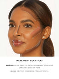 Woman applying Tarte Maneater Silk Stick Blush in Buff to cheek with finger, achieving a natural beautiful flush