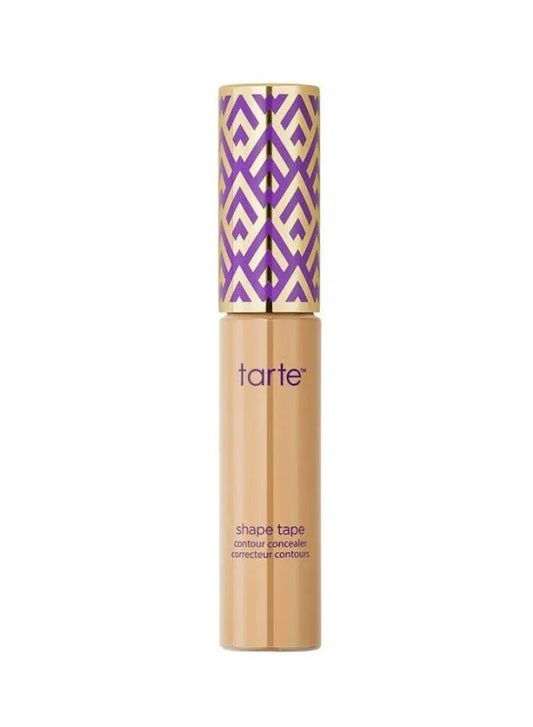 Tarte Shape Tape Contour Concealer in 34S Medium Sand, a full-coverage vegan concealer with gold cap and doe-foot applicator, displayed against a soft, neutral background, perfect for medium skin with warm undertones.