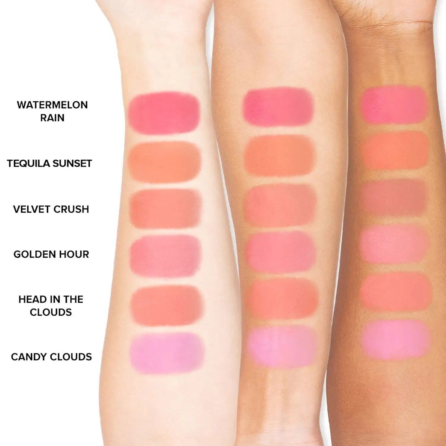 Too Faced Cloud Crush Blush Tequila Sunset swatch on arm showing warm peach shade