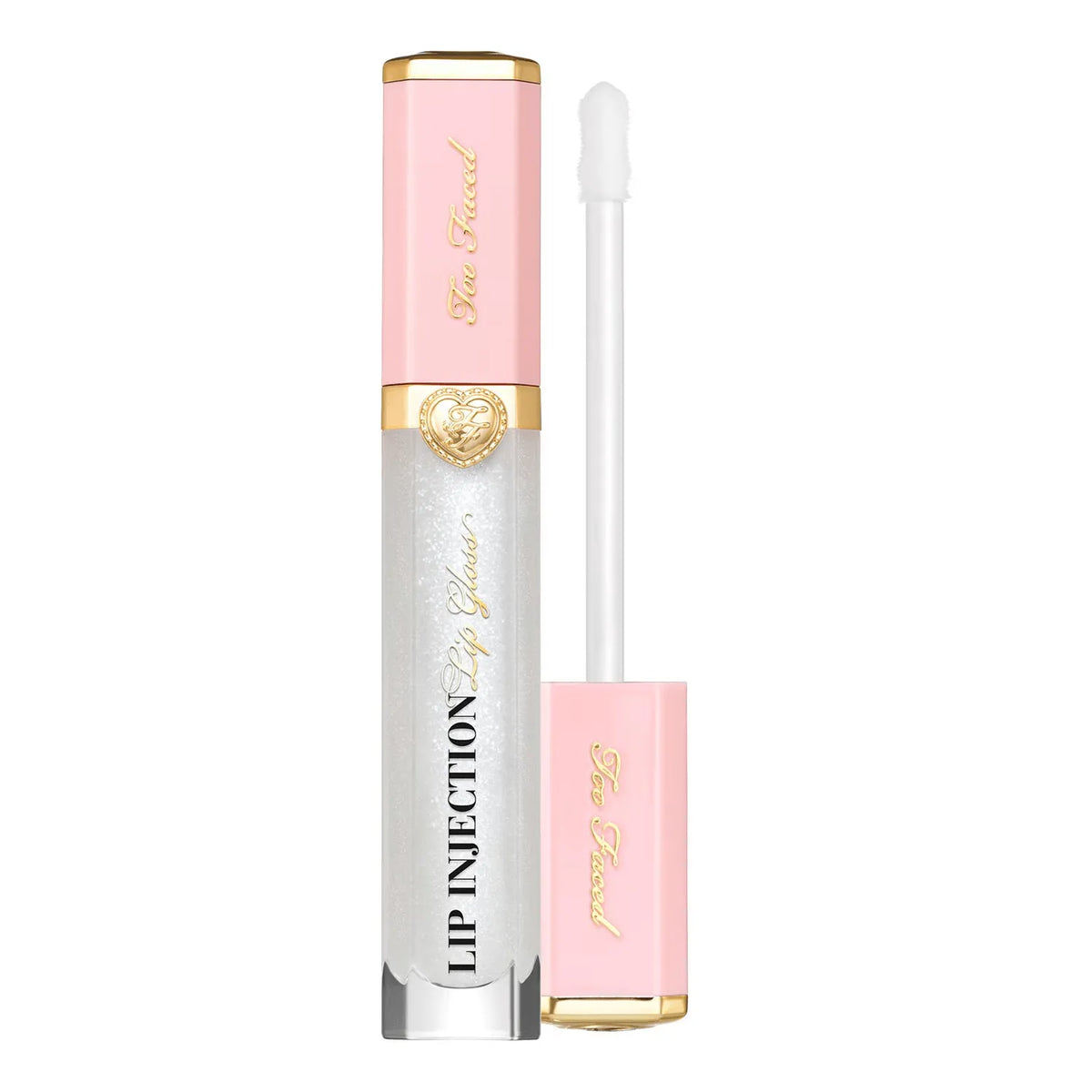 Too Faced Lip Injection Power Plumping Lip Gloss Stars Are Aligned shade swatch on lips showing rosy gold shimmer