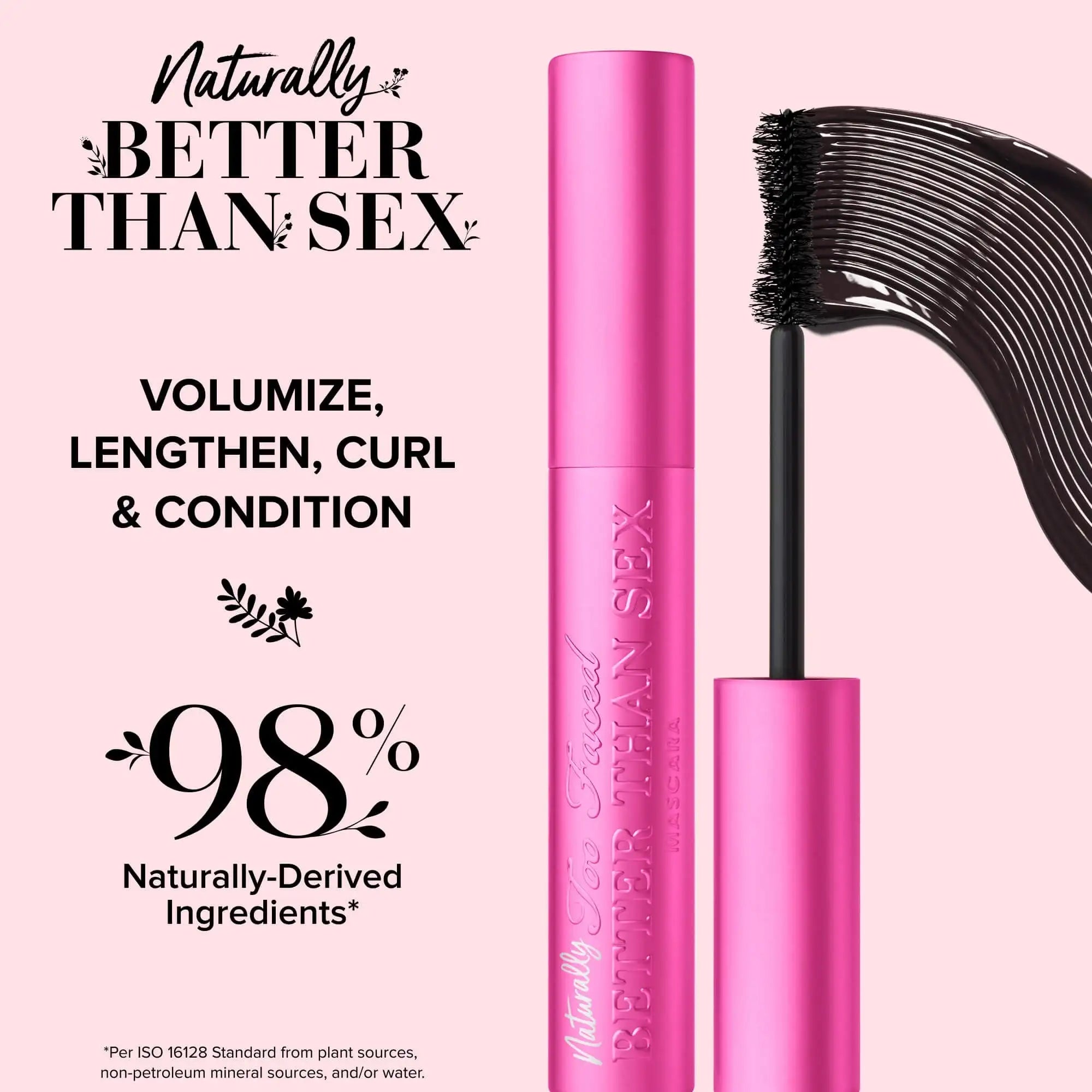 Too Faced Naturally Better Than Sex Mascara tube with natural ingredients callout
