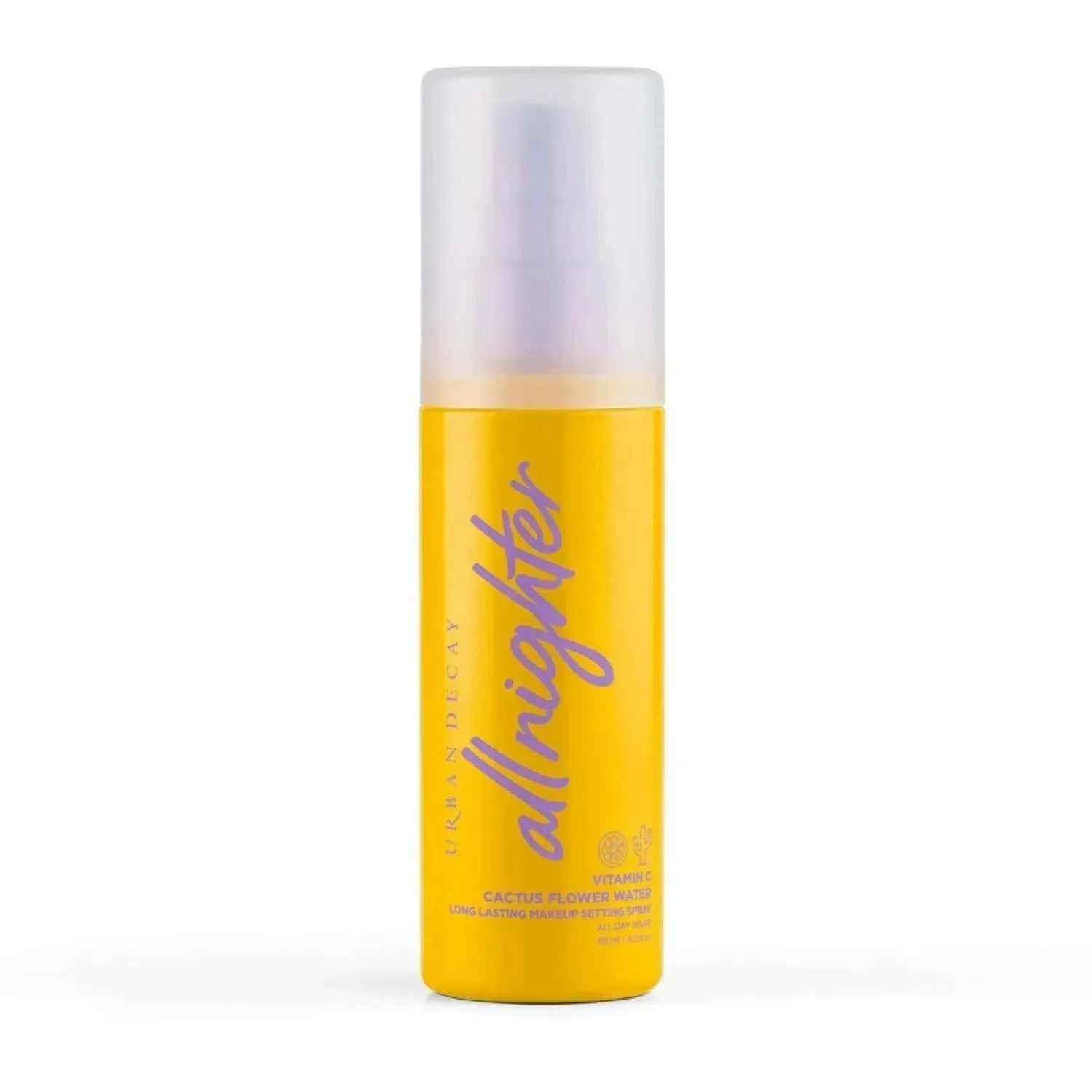 Urban Decay All Nighter Vitamin C Setting Spray bottle, highlighting 16-hour flawless makeup fixation and radiant finish.