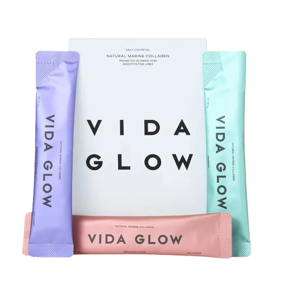 Vida Glow premium marine collagen supplement 8g sachets in original, peach, and blueberry flavors for youthful skin